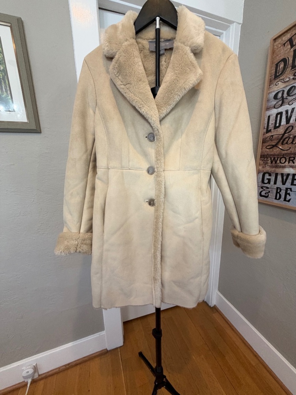 Ann Taylor Cream Faux Suede Shearling Trim Coat Jacket Size Small Petite SP